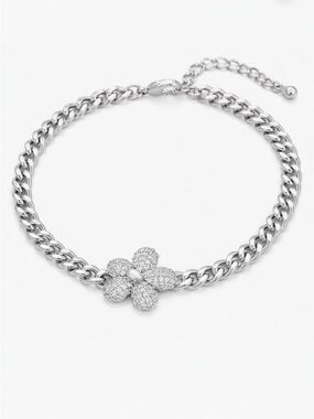 Silver Tone Cuban Chain Flower Bracelet with CZ | Platinum Plated Dainty Jewelry